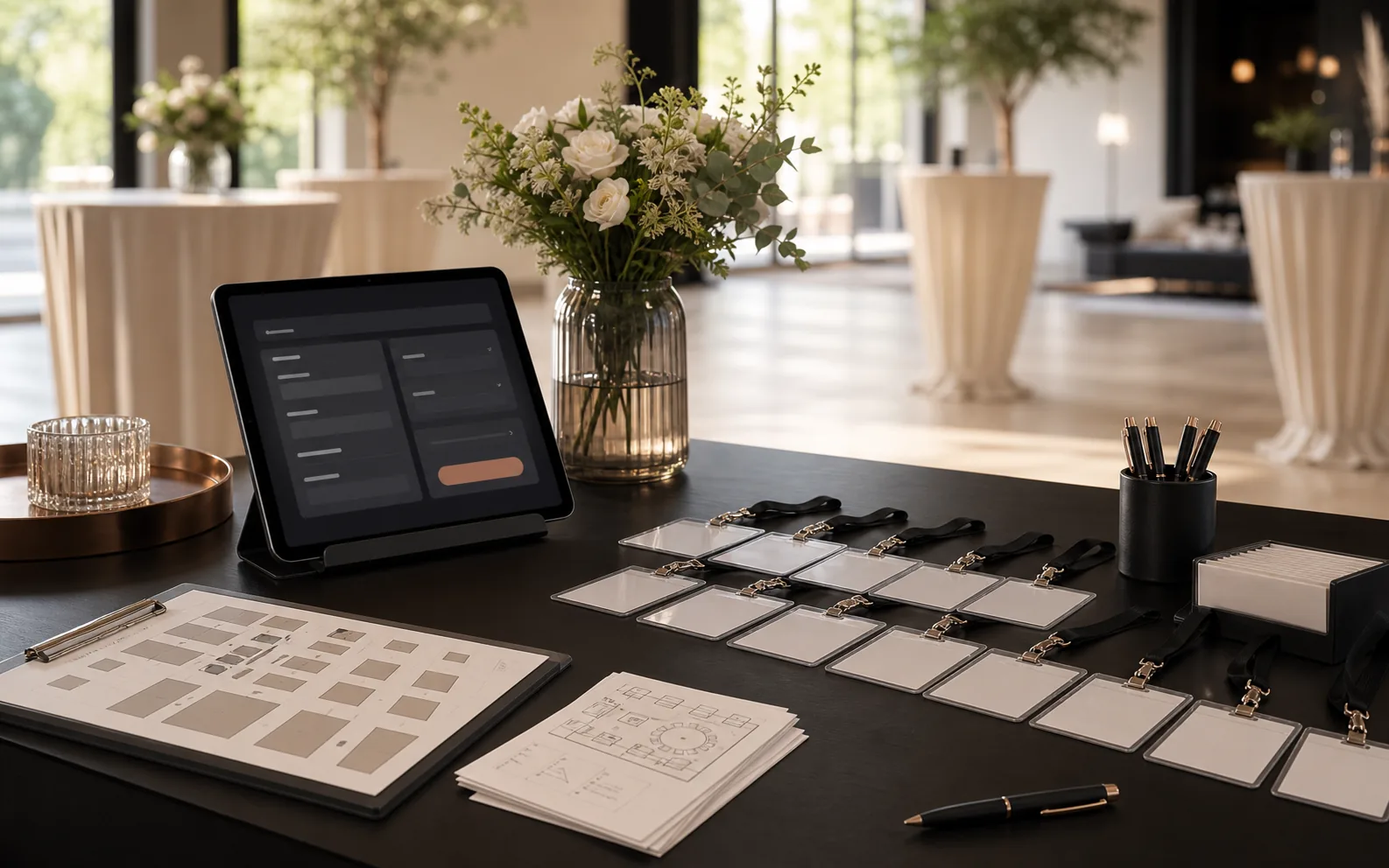Vorbereiteter Registrierungstisch mit Tablet, Badges und klarer Gästestruktur